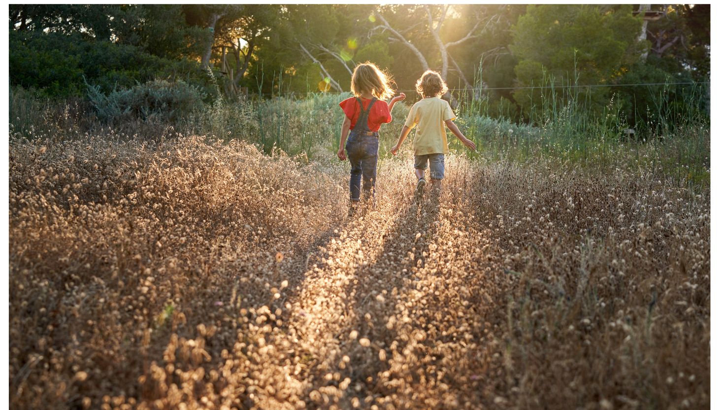Kinder spazieren durch Natur.